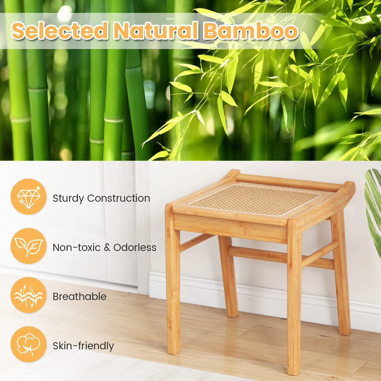Bamboo Vanity Stool with Rattan Top and Reinforcement Bar-Natural