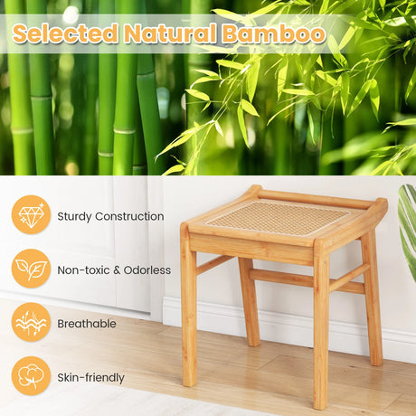 Bamboo Vanity Stool with Rattan Top and Reinforcement Bar-Natural