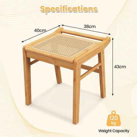 Bamboo Vanity Stool with Rattan Top and Reinforcement Bar-Natural