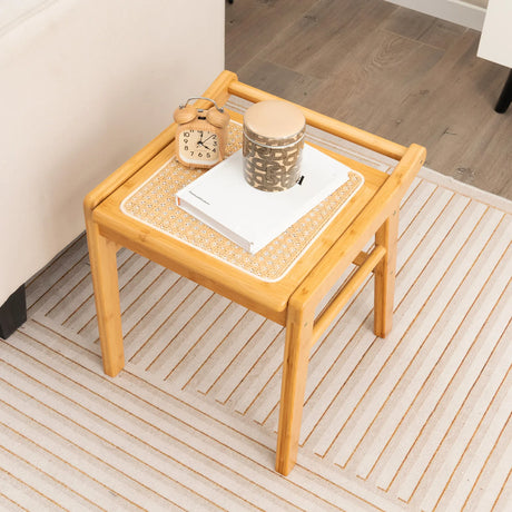 Bamboo Vanity Stool with Rattan Top and Reinforcement Bar-Natural