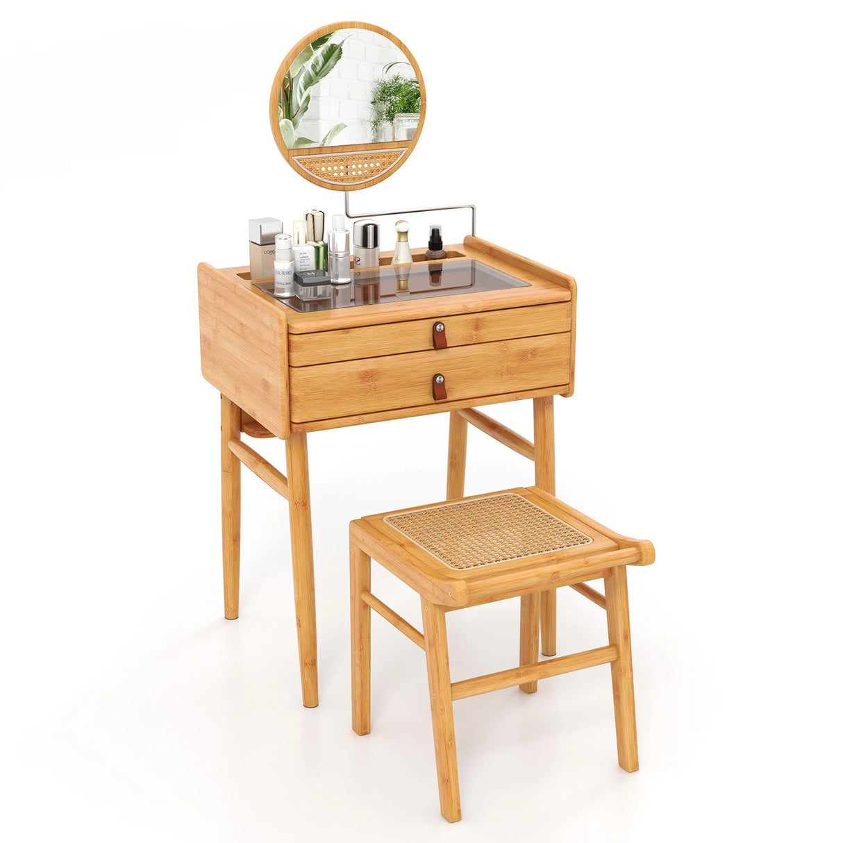 Bamboo Vanity Stool with Rattan Top and Reinforcement Bar-Natural