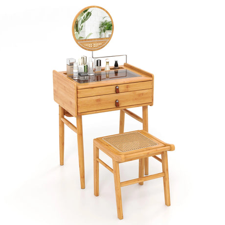 Bamboo Vanity Stool with Rattan Top and Reinforcement Bar-Natural