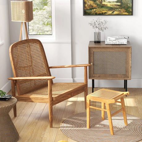 Bamboo Vanity Stool with Rattan Top and Reinforcement Bar-Natural