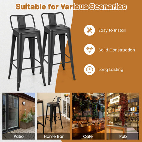 Set of 4 Metal Bar Stools 76 cm with Removable Backrest-Black