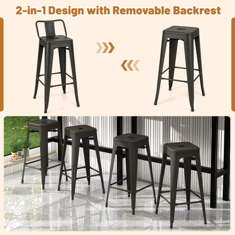 Set of 4 Metal Bar Stools 76 cm with Removable Backrest-Gun