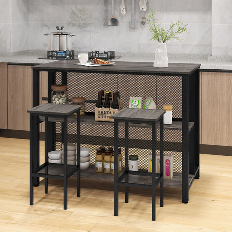 36" 3-Tier Bar Table with Storage Metal Frame Adjustable Foot Pads for Dining Room-Gray