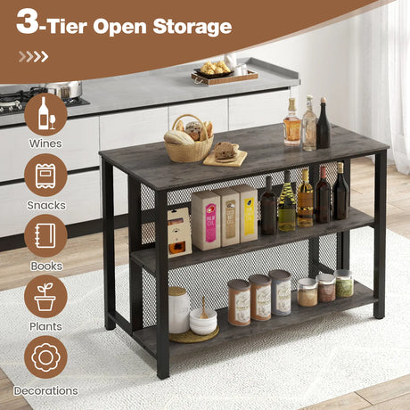 36" 3-Tier Bar Table with Storage Metal Frame Adjustable Foot Pads for Dining Room-Gray
