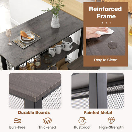 36" 3-Tier Bar Table with Storage Metal Frame Adjustable Foot Pads for Dining Room-Gray