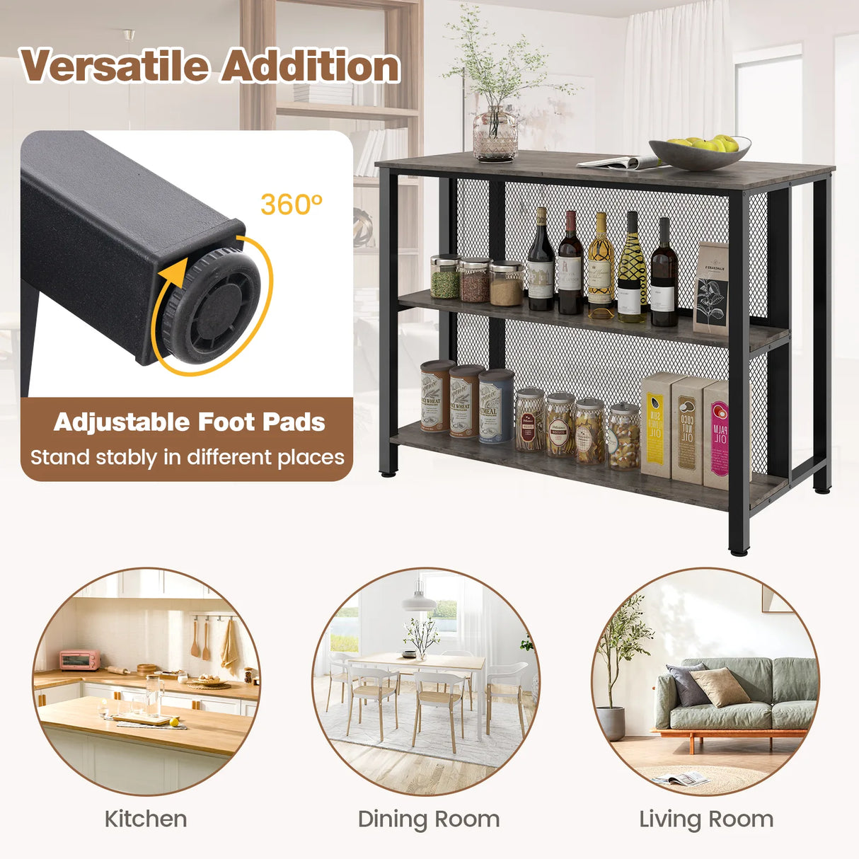 36" 3-Tier Bar Table with Storage Metal Frame Adjustable Foot Pads for Dining Room-Gray