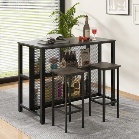 36" 3-Tier Bar Table with Storage Metal Frame Adjustable Foot Pads for Dining Room-Gray
