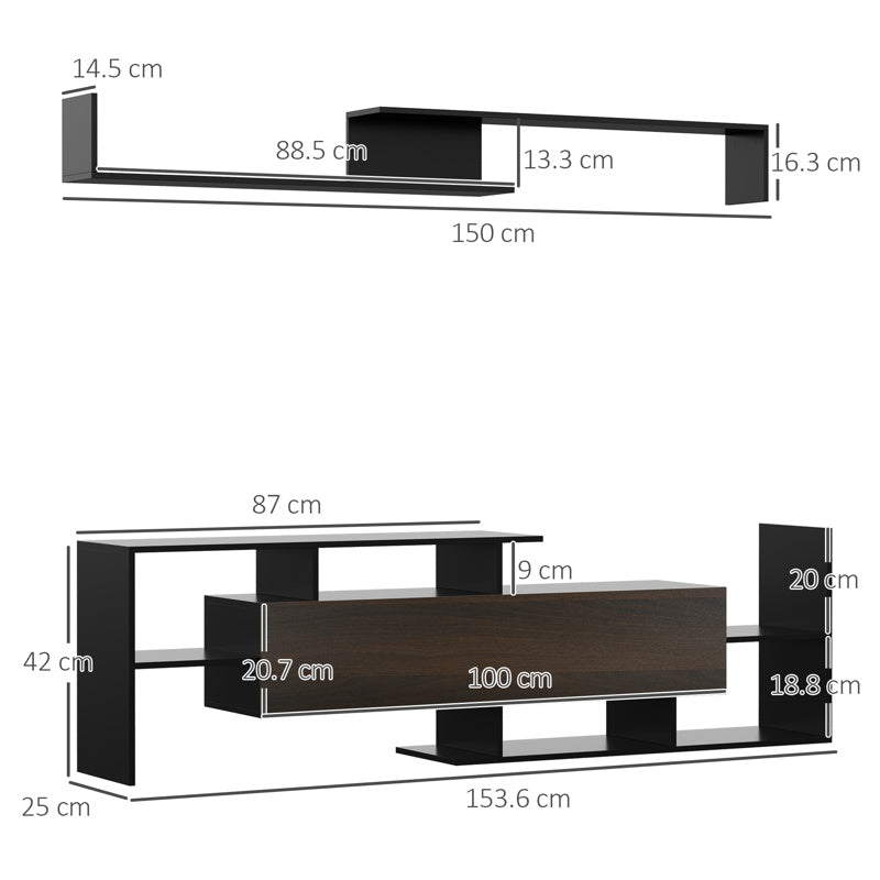 HOMCOM Modern TV Cabinet with Wall Shelf, TV Unit with Storage Shelf and Cabinet, for Wall-Mounted 65" TVs or Standing 40" TVs, Black and Dark Brown