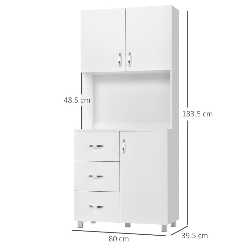 HOMCOM Free standing Kitchen Cupboard, Storage Cabinet with Doors and Sheleves, 3 drawers and Open Space, Adjustable Height Storage Unit, White