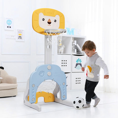 3-In-1 Children's Playground with Height-Adjustable Basketball Stand Yellow