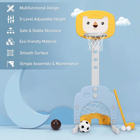 3-In-1 Children's Playground with Height-Adjustable Basketball Stand Yellow