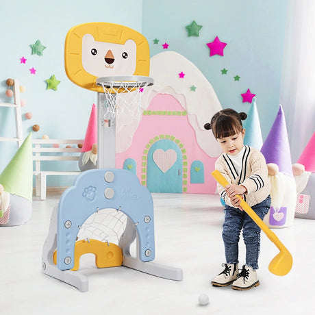 3-In-1 Children's Playground with Height-Adjustable Basketball Stand Yellow