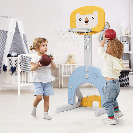 3-In-1 Children's Playground with Height-Adjustable Basketball Stand Yellow