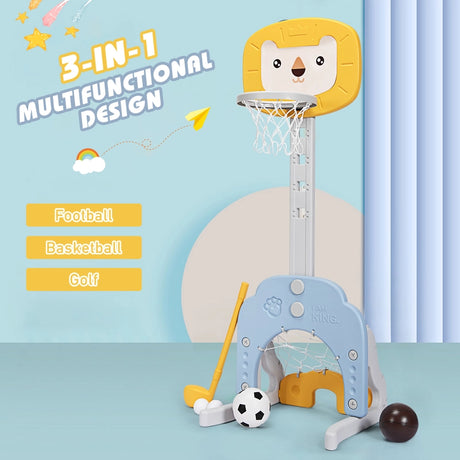 3-In-1 Children's Playground with Height-Adjustable Basketball Stand Yellow