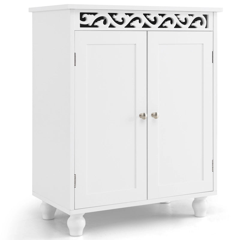 Freestanding Bathroom Cabinet Floor Storage Organizer with Adjustable Shelf and Solid Wood Legs-White