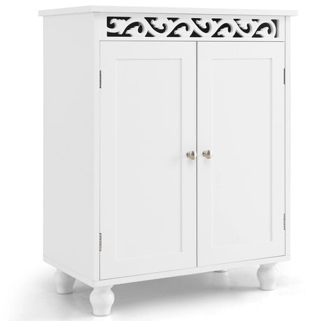 Freestanding Bathroom Cabinet Floor Storage Organizer with Adjustable Shelf and Solid Wood Legs-White