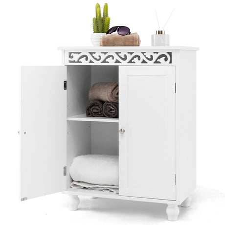Freestanding Bathroom Cabinet Floor Storage Organizer with Adjustable Shelf and Solid Wood Legs-White