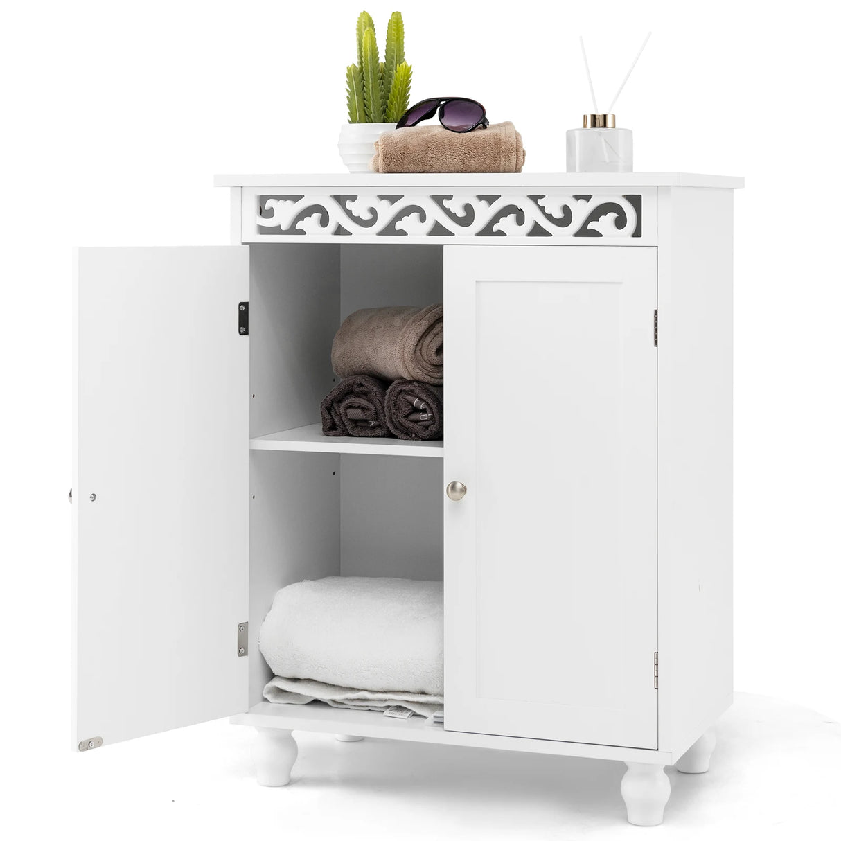 Freestanding Bathroom Cabinet Floor Storage Organizer with Adjustable Shelf and Solid Wood Legs-White