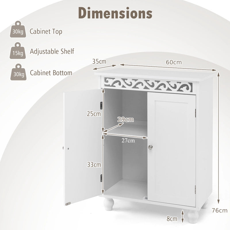 Freestanding Bathroom Cabinet Floor Storage Organizer with Adjustable Shelf and Solid Wood Legs-White