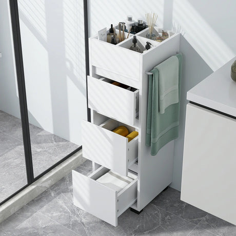 Bathroom Floor Cabinet with 3 Drawers, 4 Top Dividers and 1 Towel Rack-White