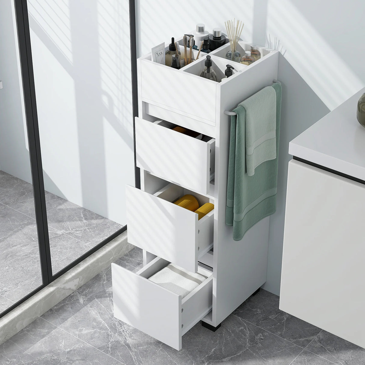 Bathroom Floor Cabinet with 3 Drawers, 4 Top Dividers and 1 Towel Rack-White