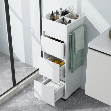 Bathroom Floor Cabinet with 3 Drawers, 4 Top Dividers and 1 Towel Rack-White