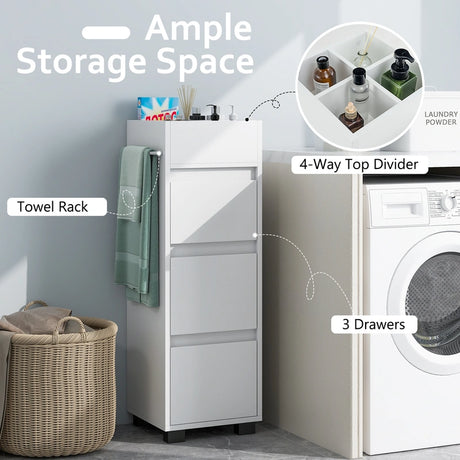 Bathroom Floor Cabinet with 3 Drawers, 4 Top Dividers and 1 Towel Rack-White