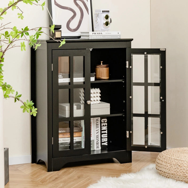 Freestanding Display Storage Cabinet with 2 Glass Doors and Adjustable Shelves-Black