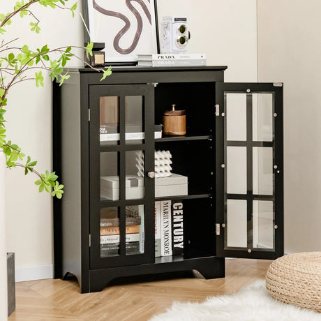 Freestanding Display Storage Cabinet with 2 Glass Doors and Adjustable Shelves-Black