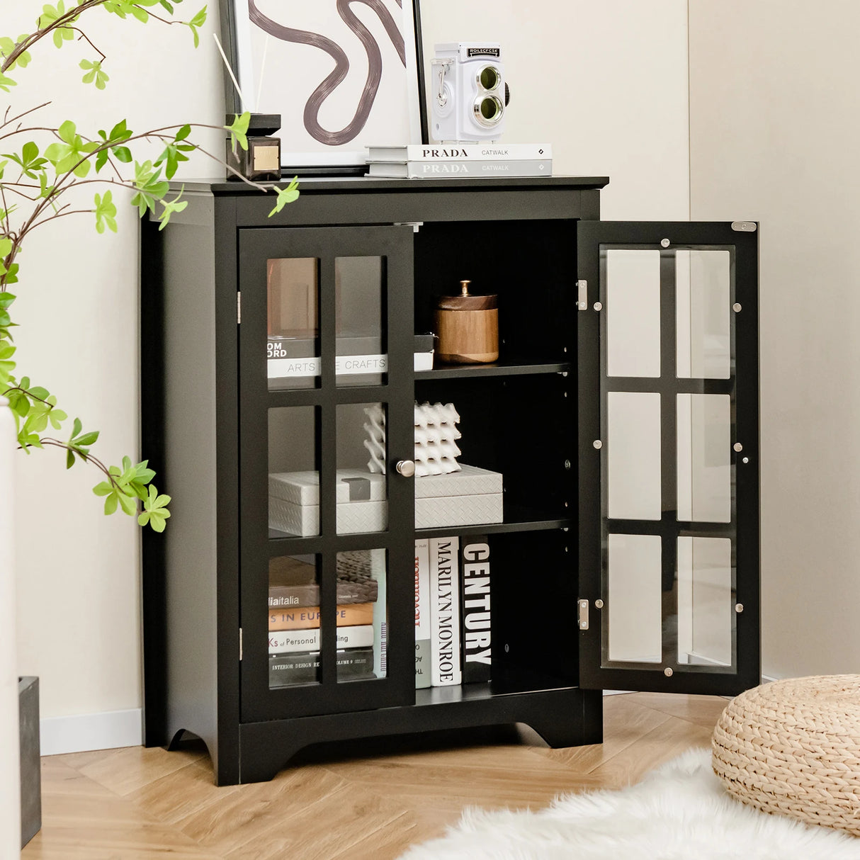 Freestanding Display Storage Cabinet with 2 Glass Doors and Adjustable Shelves-Black