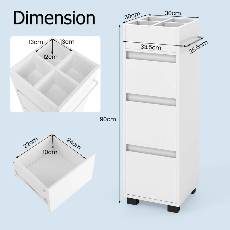 Bathroom Floor Cabinet with 3 Drawers, 4 Top Dividers and 1 Towel Rack-White