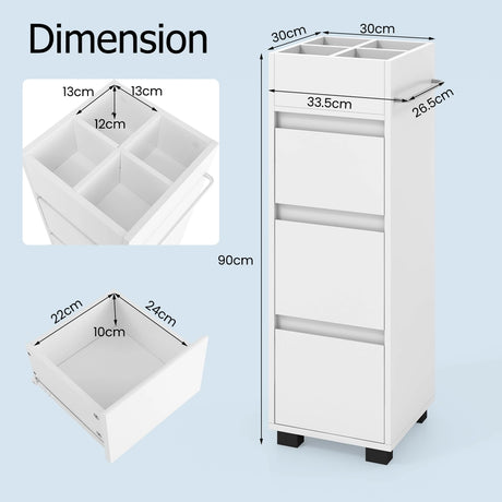 Bathroom Floor Cabinet with 3 Drawers, 4 Top Dividers and 1 Towel Rack-White
