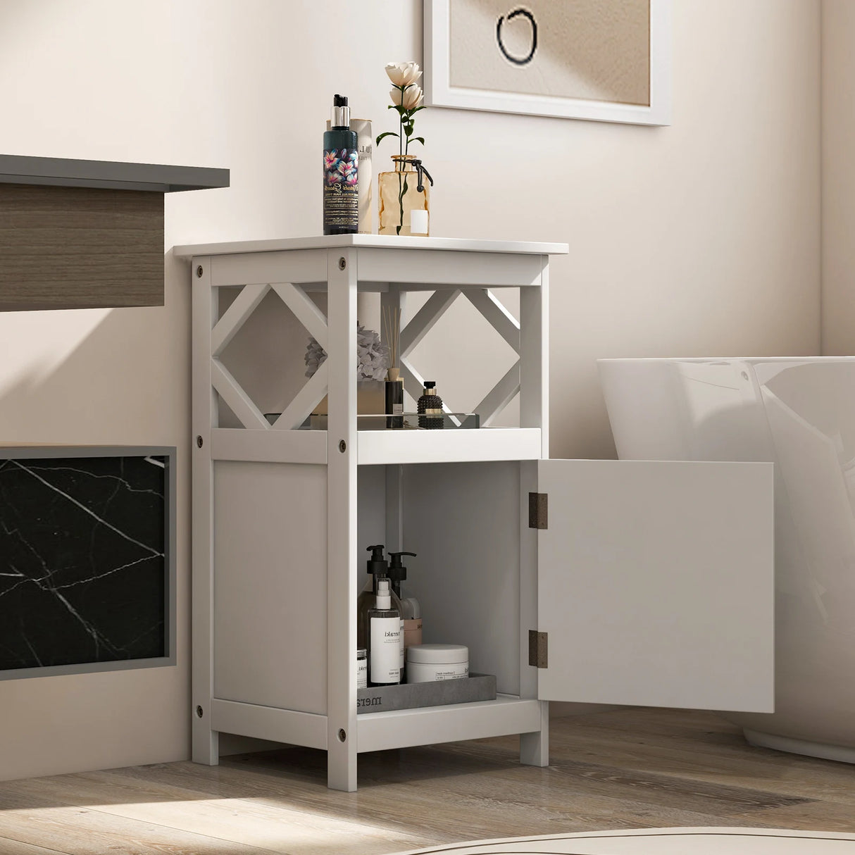 Single Door Storage Cabinet with Open Compartment for Home Living
