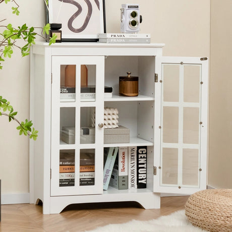 Freestanding Display Storage Cabinet with 2 Glass Doors and Adjustable Shelves-White