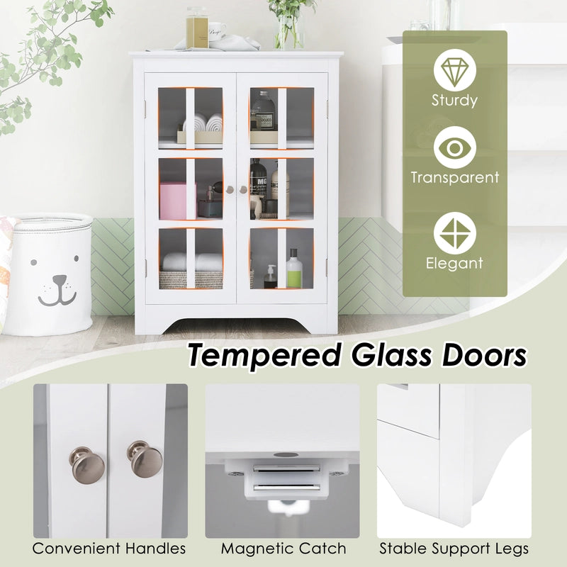 Freestanding Display Storage Cabinet with 2 Glass Doors and Adjustable Shelves-White