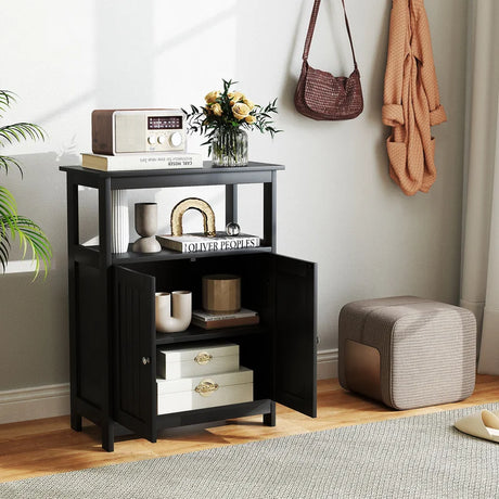 Bathroom Floor Cabinet Freestanding Storage Organizer with Open Compartment-Black