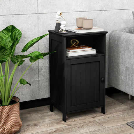 Bathroom Floor Single Door Side Cabinet with Open Compartment-Black