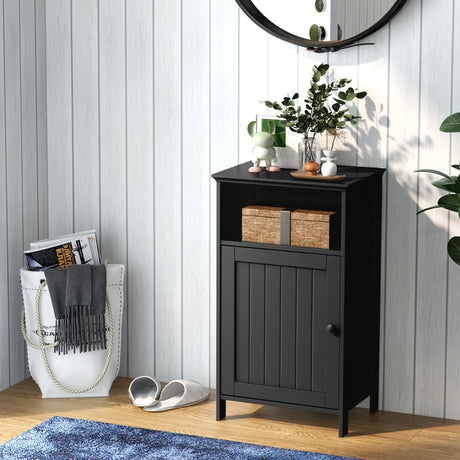 Bathroom Floor Single Door Side Cabinet with Open Compartment-Black