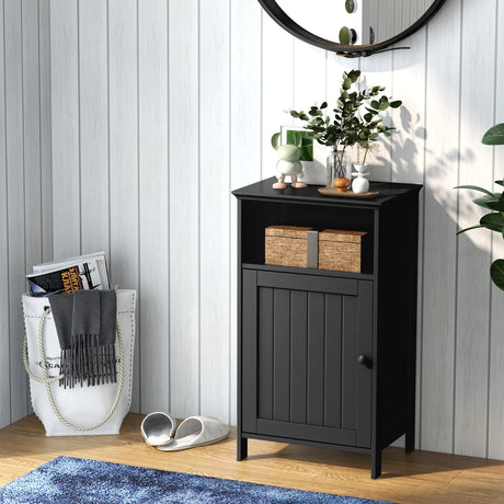 Bathroom Floor Single Door Side Cabinet with Open Compartment-Black