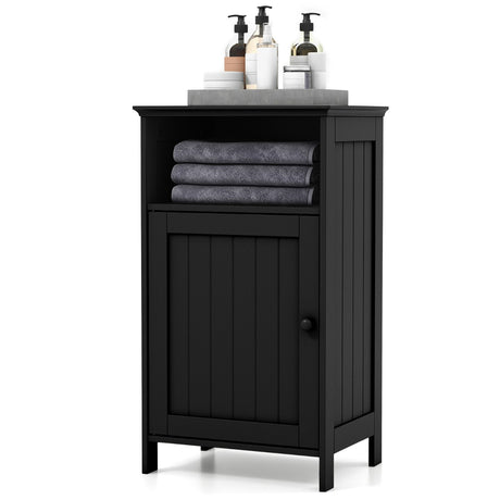 Bathroom Floor Single Door Side Cabinet with Open Compartment-Black
