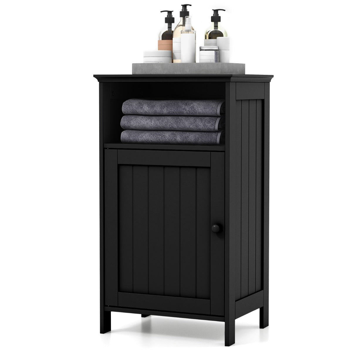 Bathroom Floor Single Door Side Cabinet with Open Compartment-Black