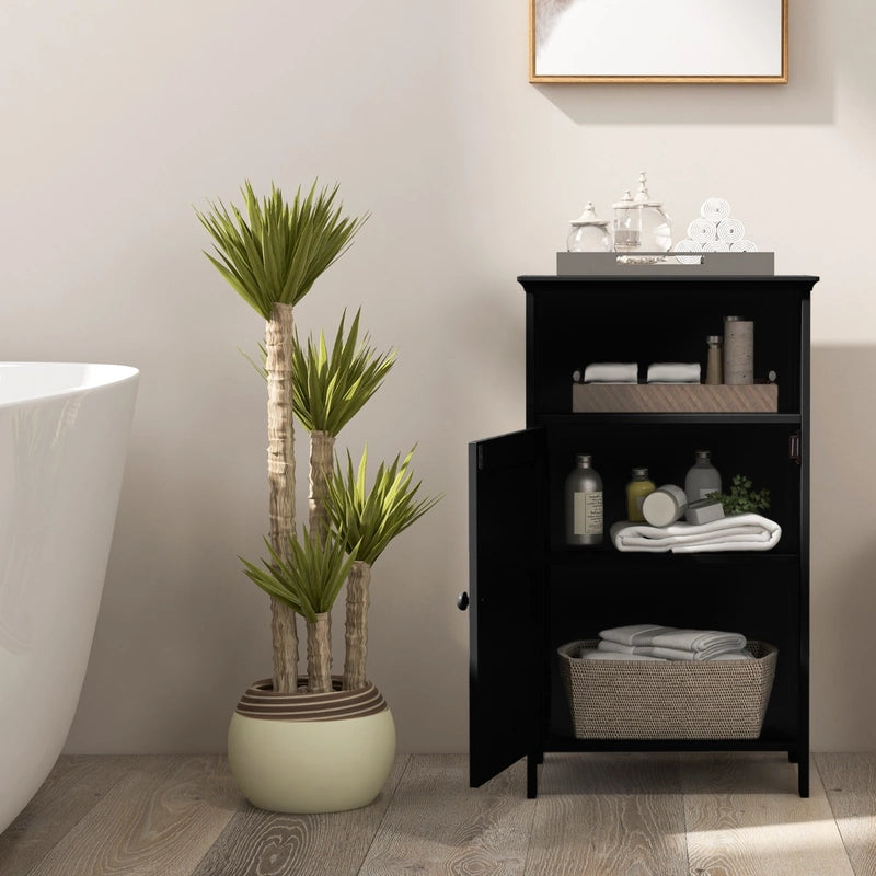 Bathroom Floor Single Door Side Cabinet with Open Compartment-Black