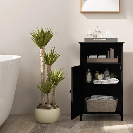 Bathroom Floor Single Door Side Cabinet with Open Compartment-Black