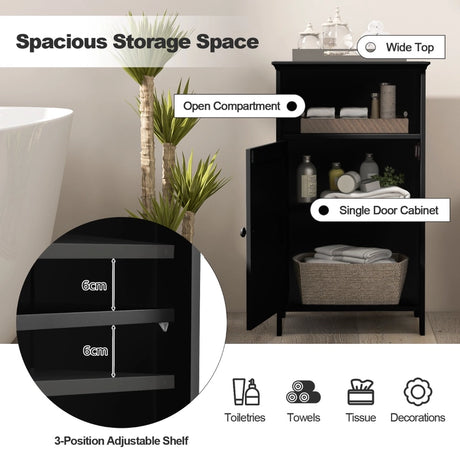 Bathroom Floor Single Door Side Cabinet with Open Compartment-Black