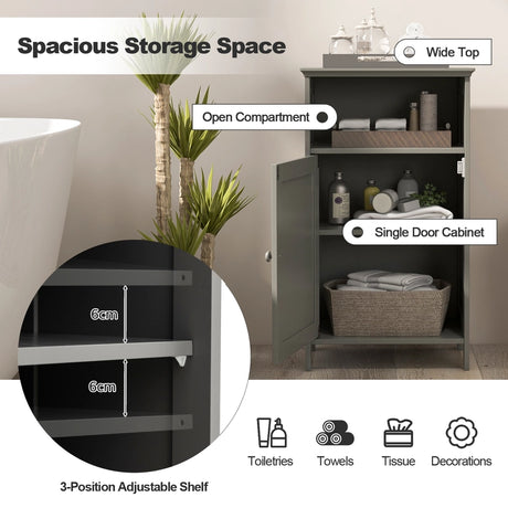 Bathroom Freestanding  Adjustable Shelf Floor Storage Cabinet-Gray