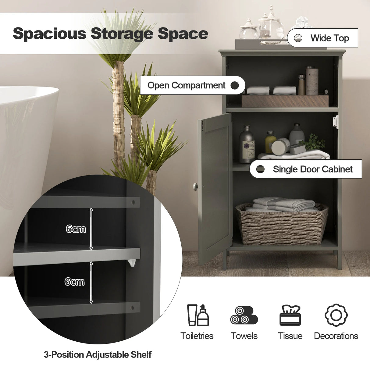 Bathroom Freestanding  Adjustable Shelf Floor Storage Cabinet-Gray