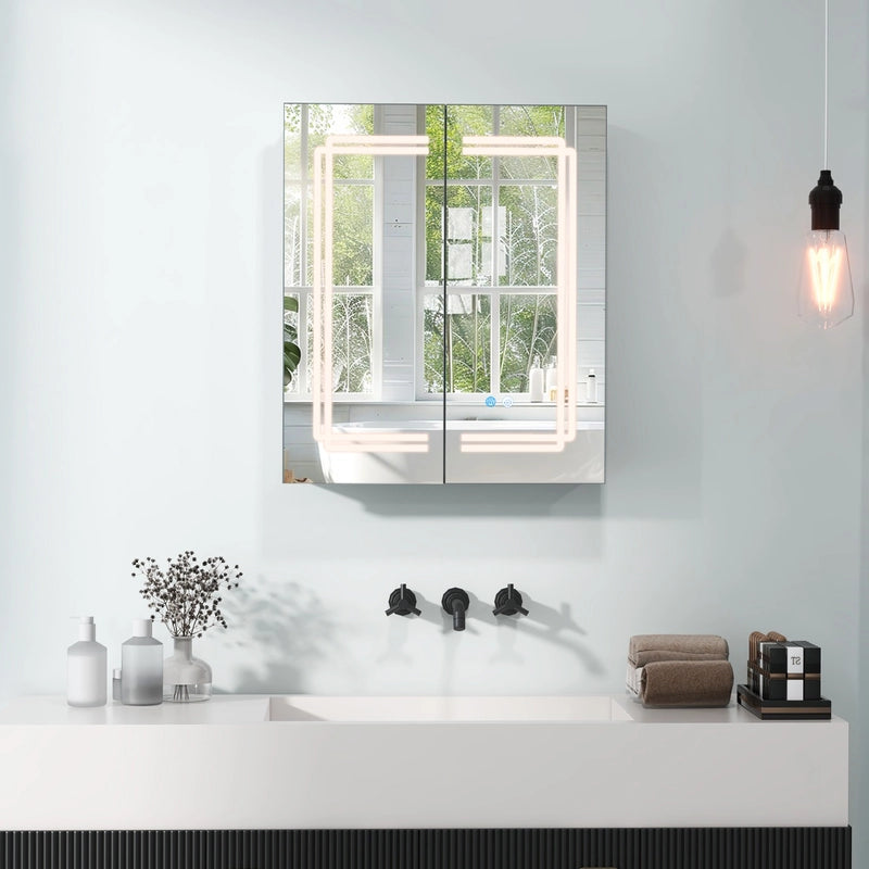 60 x 70 cm Bathroom Medicine Cabinet with LED Lighted, 2 Outlets and Adjustable Storage Shelves